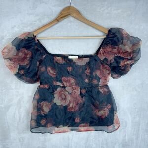 Thirty Thirty LA Romantic Sheer Floral Puff Sleeve Babydoll Smocked Top Med